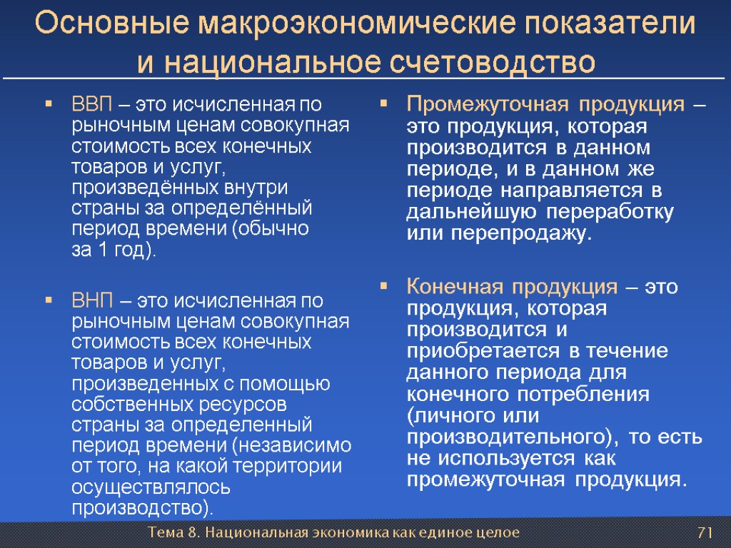 Тема 8. Национальная экономика как единое целое 71 Основные макроэкономические показатели и национальное счетоводство